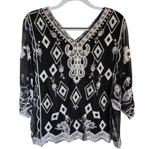 Ultra Pink Black & White Mesh Lace Top Women's M